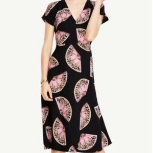 Ann Taylor Navy & Pink Fan Print Midi Dress